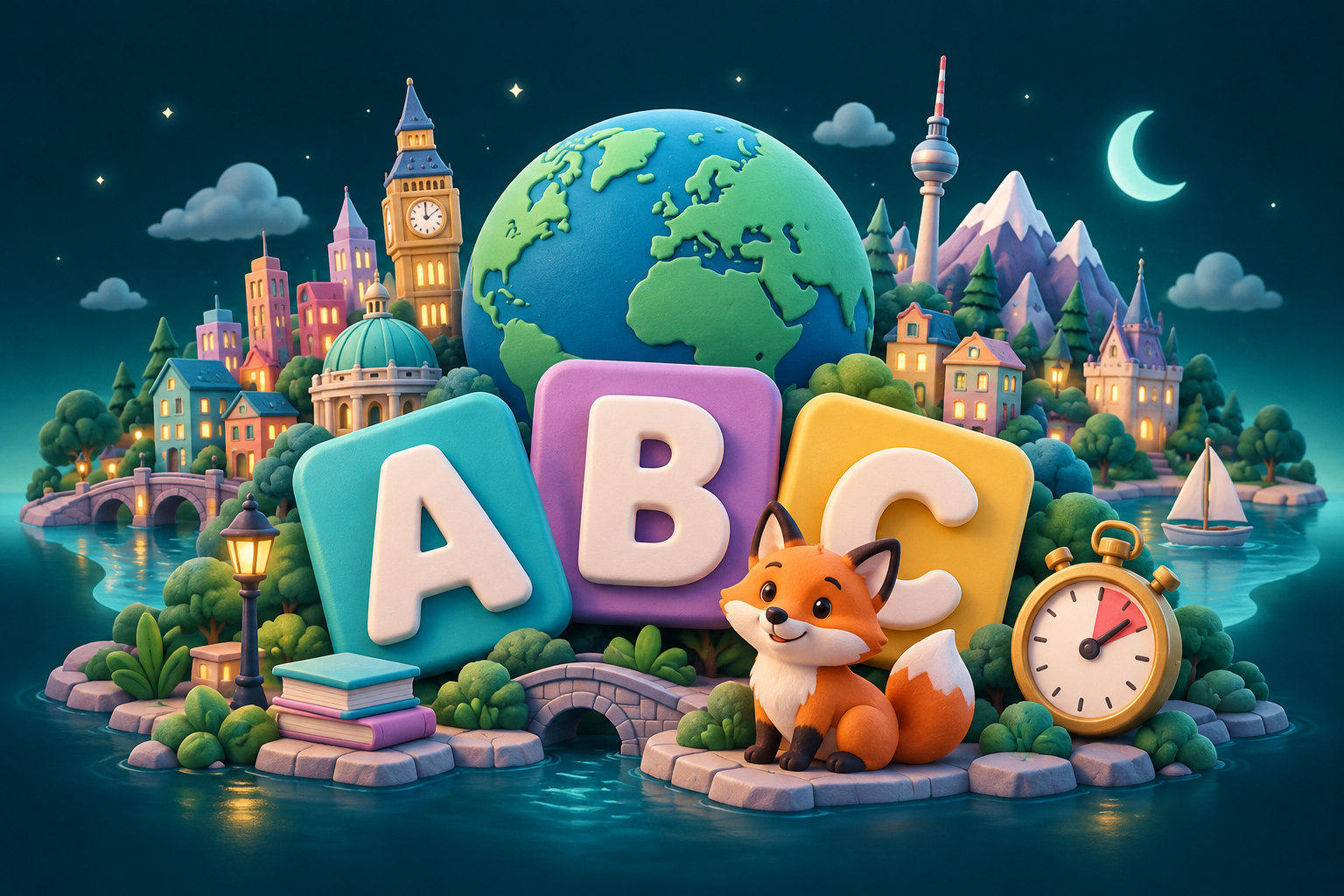 Buchstaben, eine kleine Stadt, ein Globus und ein Fuchs